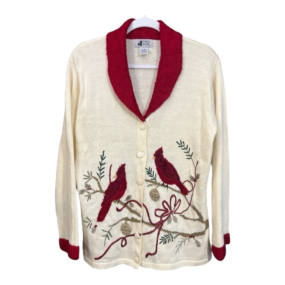 J Two New‎ York Vintage Cardinal Embroidered Holiday Cardigan Size Large V1